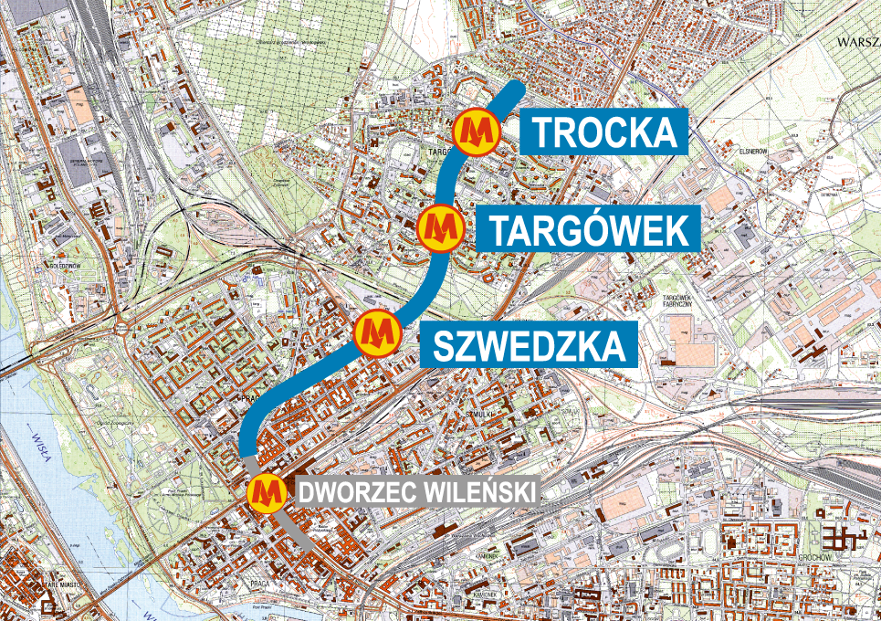 Mapa pokazuje umiejscowienie trzech stacji mtera, jakie zostaną wybudowane na odcinku wschodnim-północnycm drugiej linii metra, tj.: Szwedzka, Targówek i Trocka