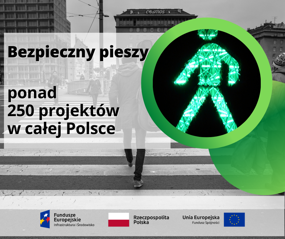 Grafika z napisem Bezpieczny pieszy, ponad 250 projektów w całej Polsce